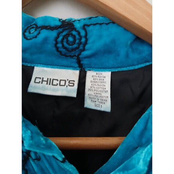 Vtg Chico’s Velvet Embroidered Button Down Silk Jacket Top Size 1 Medium 8 Blue - Picture 5 of 8